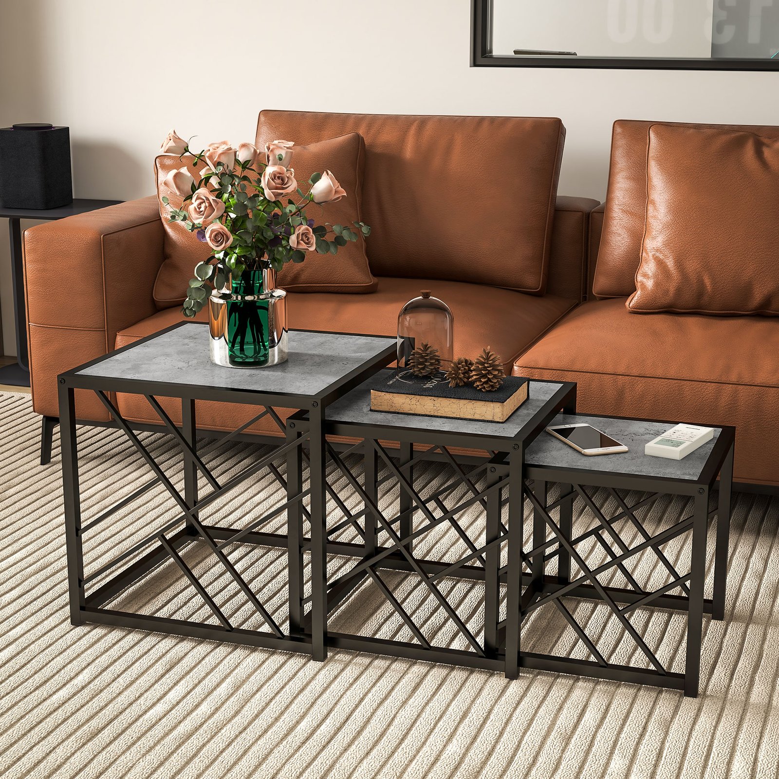 HOMCOM Nesting Coffee Tables, Set of 3 Square Side Tables with Black Metal Frame, for Living Room, Bedroom and Office, Grey - Image 2