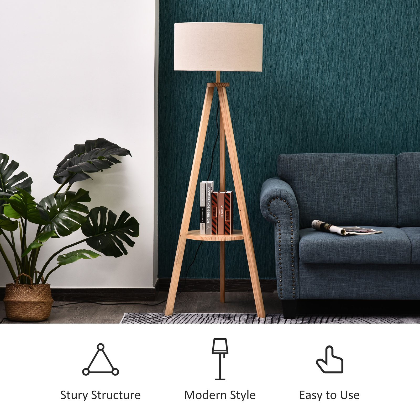 HOMCOM Tripod Floor Lamp, Freestanding Bedside Light Reading Light with Storage Shelf and Linen Shade for Living Room Bedroom, 154cm, Cream - Image 5