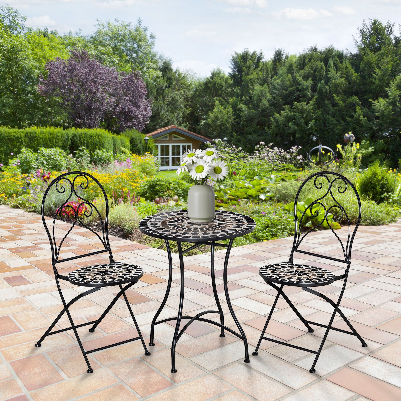 Outsunny 3 Pieces Garden Bistro Set with Coffee Table and 2 Folding Single Chairs, Mosaic Garden Table Top and Seats, Metal Frame, for Patio Balcony, Black - Image 2