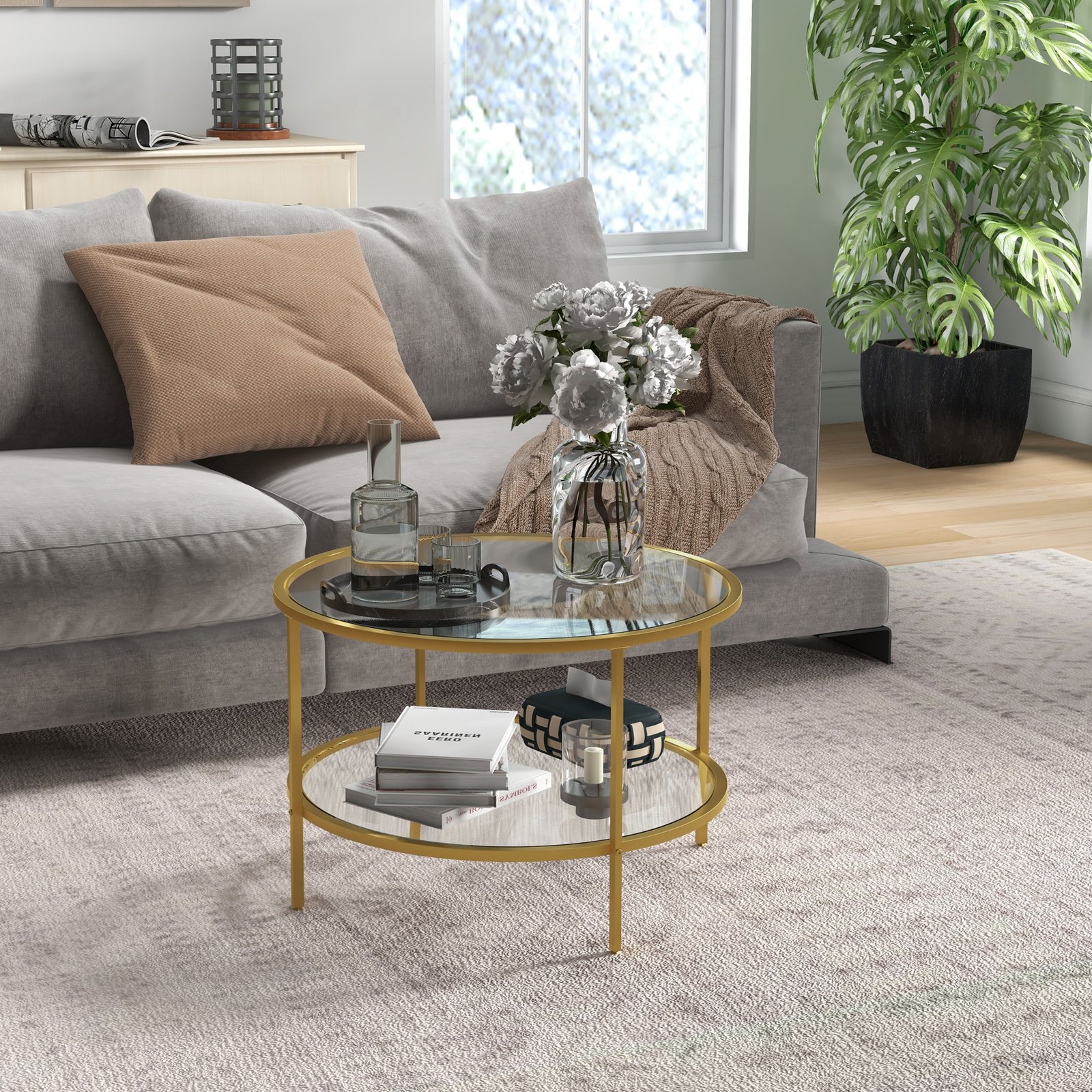 HOMCOM Round Coffee Table with Storage, 2-Tier Tempered Glass Coffee Table with Steel Frame for Living Room, Gold Tone - Image 2