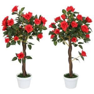 Outsunny Set of 2 Artificial Plants White Rose Floral in Pot, Fake Plants for Home Indoor Decor, 90cm, Red