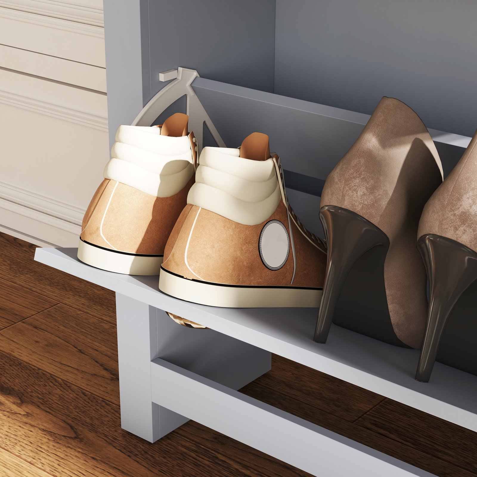 HOMCOM 2 Drawer Shoe Cabinet Modern Narrow Shoe Cupboard Hallway Wooden Storage Organiser with Flip Doors Adjustable Shelf for 6-12 Pairs, Grey - Image 8