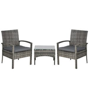 Outsunny 3 Pieces Rattan Bistro Set, Wicker Garden Furniture Set with Glass Top Coffee Table and Chairs, Washable Cushions for Outdoor, Patio, Balcony, Mixed Grey