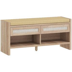 HOMCOM Boho Shoe Bench with 2 Rattan Drawers, Shoe Storage Bench with Cushioned Seat and Open Shelf Oak Wood Effect