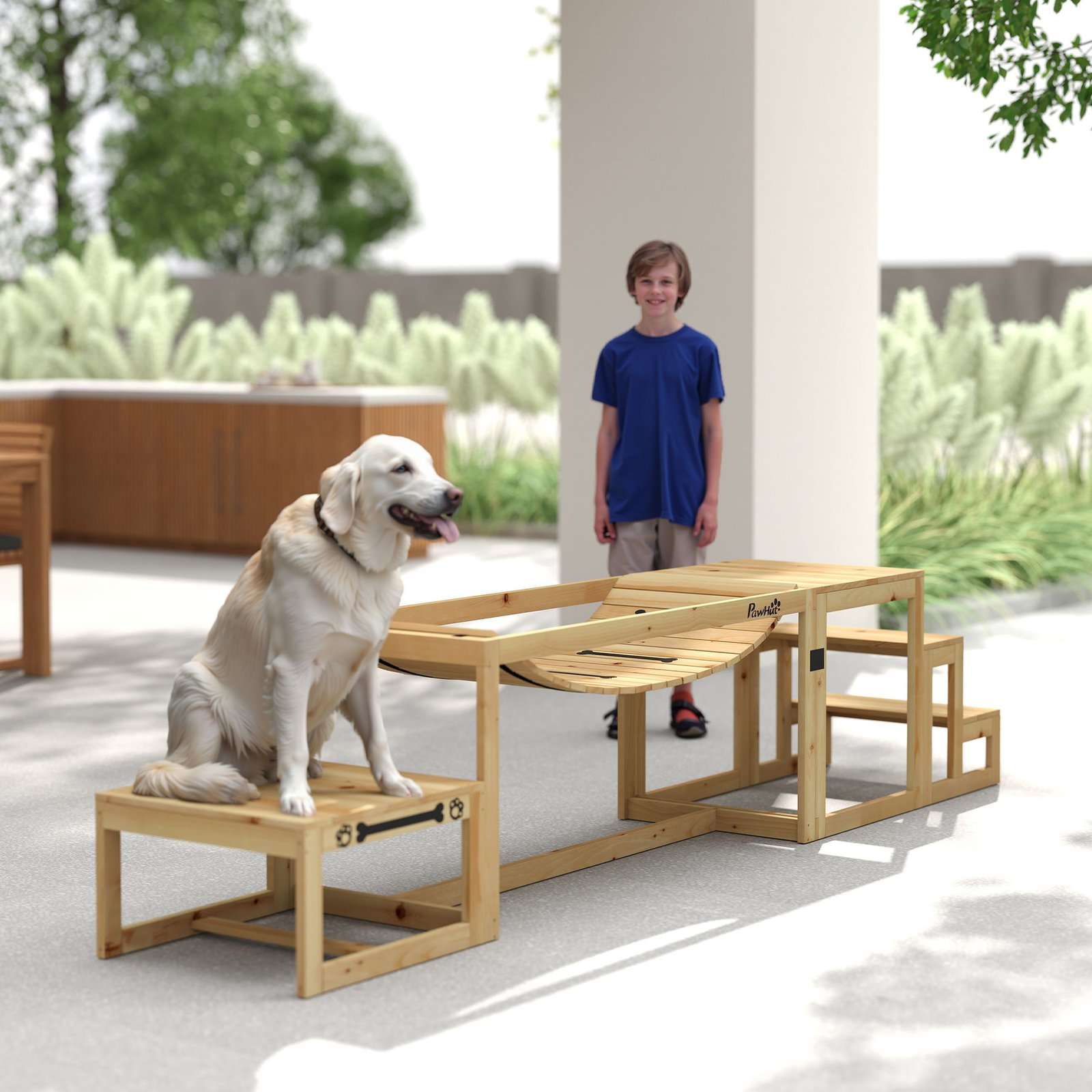 PawHut 3 Pieces Wooden Dog Agility Training Equipment with Soft Bridge, Pause Platform and Pet Stair for Outdoor, Natural Wood - Image 7
