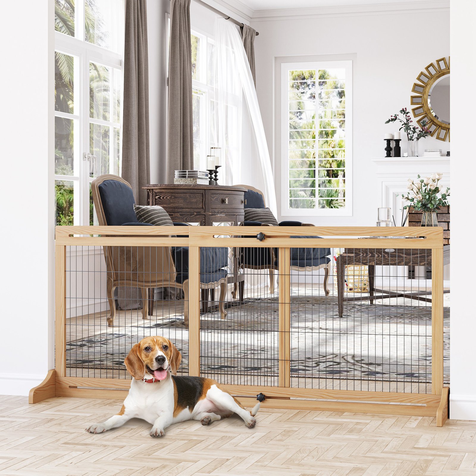 PawHut Freestanding Dog Gate, Foldable Pet Fence, Indoor Wood Barrier, Stair Gate with Support Feet, for Doorway, Hallway, Small and Medium Dogs, 69H x 104-180 cm, Natural Wood Finish - Image 2