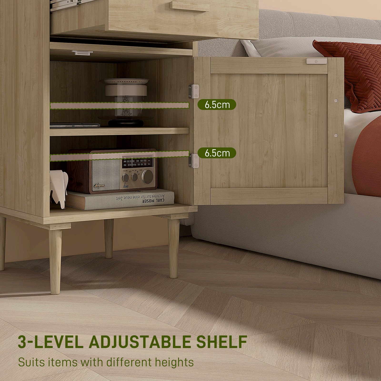 HOMCOM Bedside Table, Rattan Side Tables with Drawer, Cabinet and Adjustable Shelf, Boho Bedside Cabinet with Storage for Bedroom, Living Room, Natural Wood Effect - Image 6