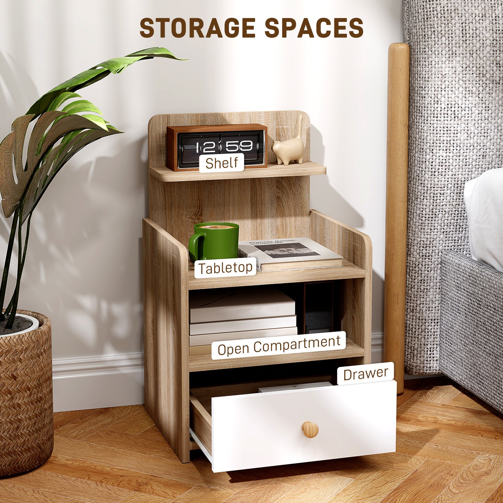 HOMCOM Multi-Storage Bedside Table - White/Wood-Effect - Image 4