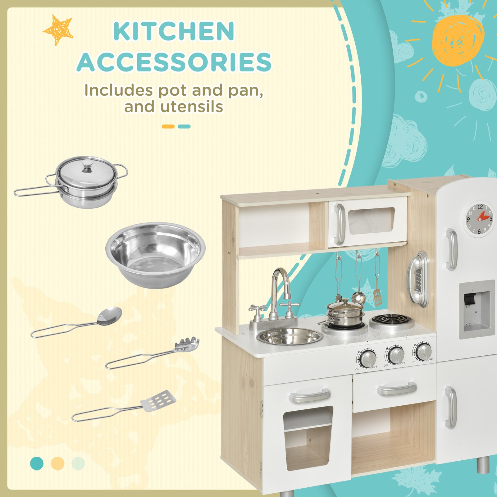 HOMCOM Kids Wooden Pretend Play Toy Kitchen Cooking Set Role Play Phone for Boys Girls White - Image 6