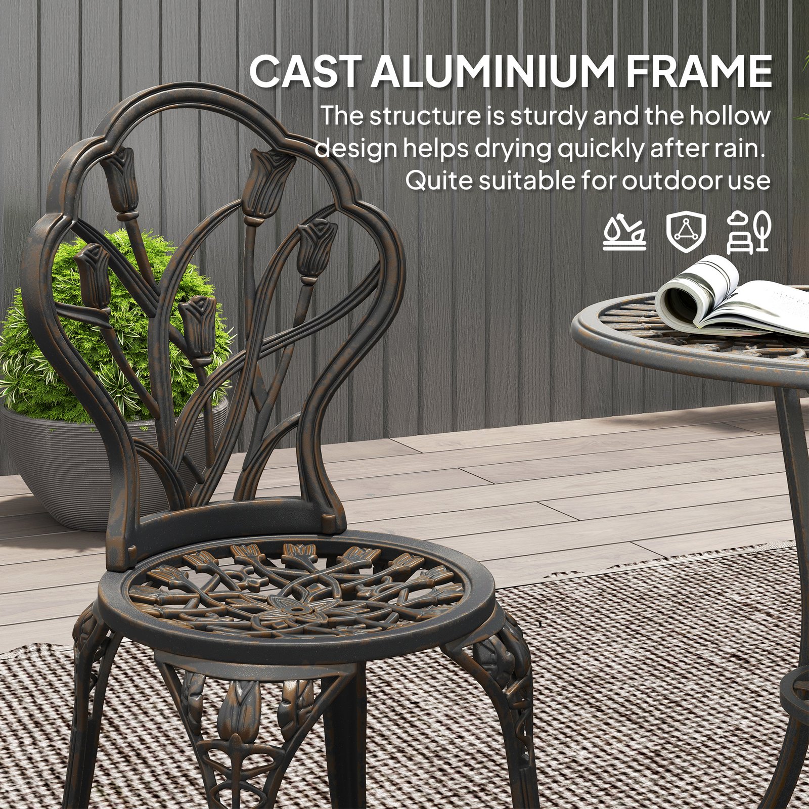 Outsunny 3 Piece Patio Bistro Set for 2, Outdoor Aluminium Garden Table and Chairs with Umbrella Hole for Balcony, Bronze Tone - Image 5