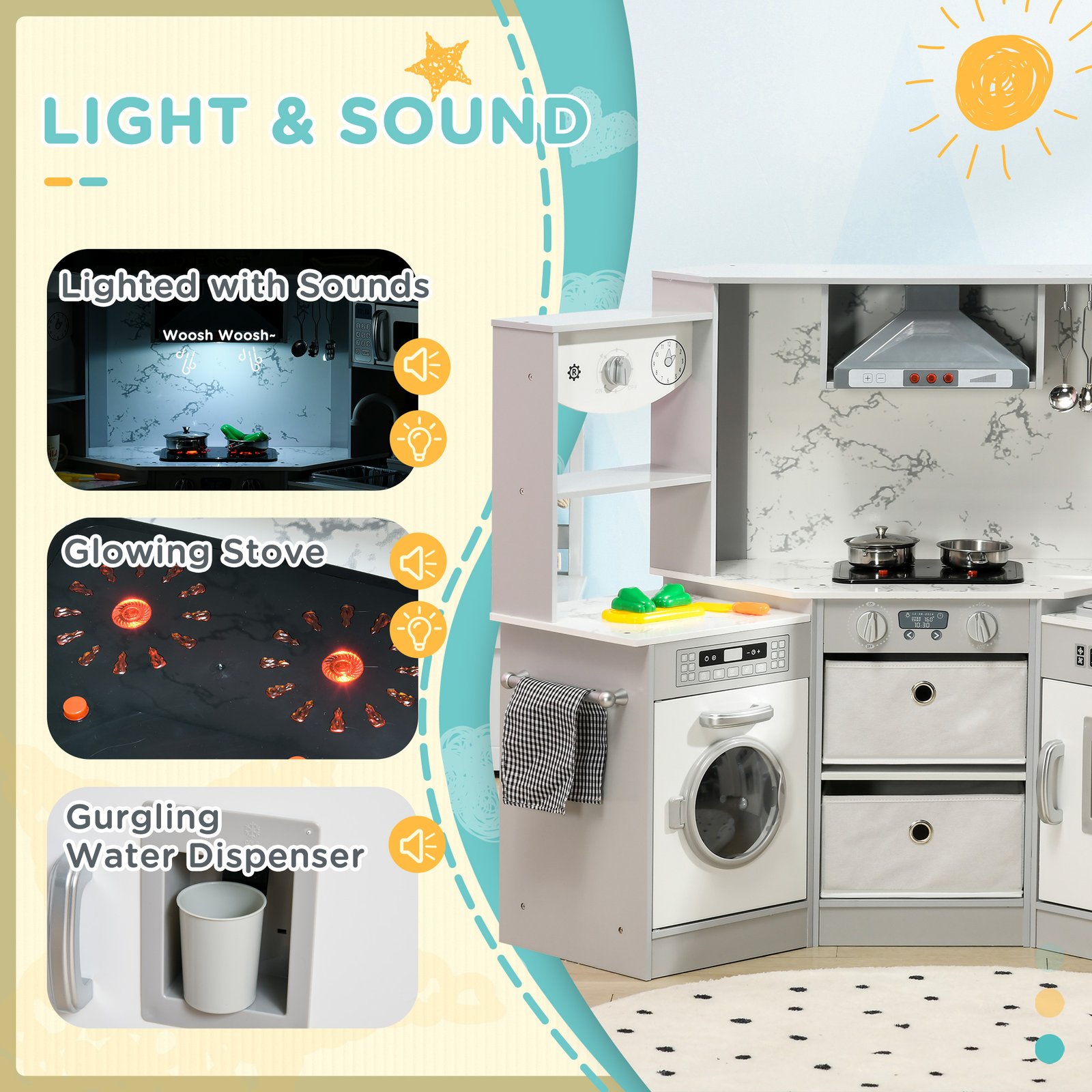 AIYAPLAY Toy Kitchen with Running Water, Lights, Sounds, Apron and Chef Hat, Water Dispenser, for Ages 3-6 Years, Grey - Image 5