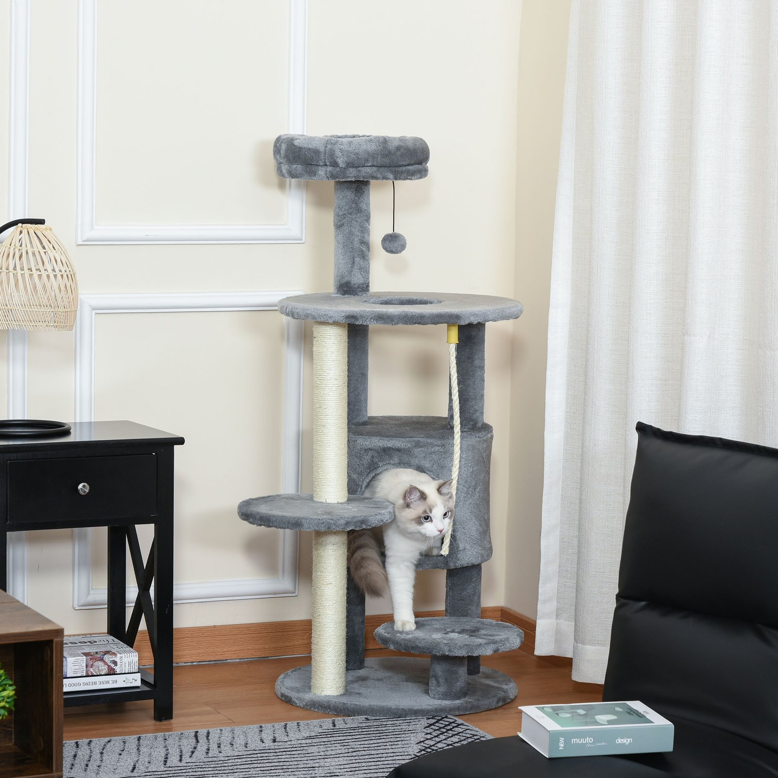 PawHut Cat Tree Tower for Indoor Cats 112cm Climbing Kitten Activity Center with Jute Scratching Post Perch Hanging Ball Toy Teasing Rope Dark grey - Image 2