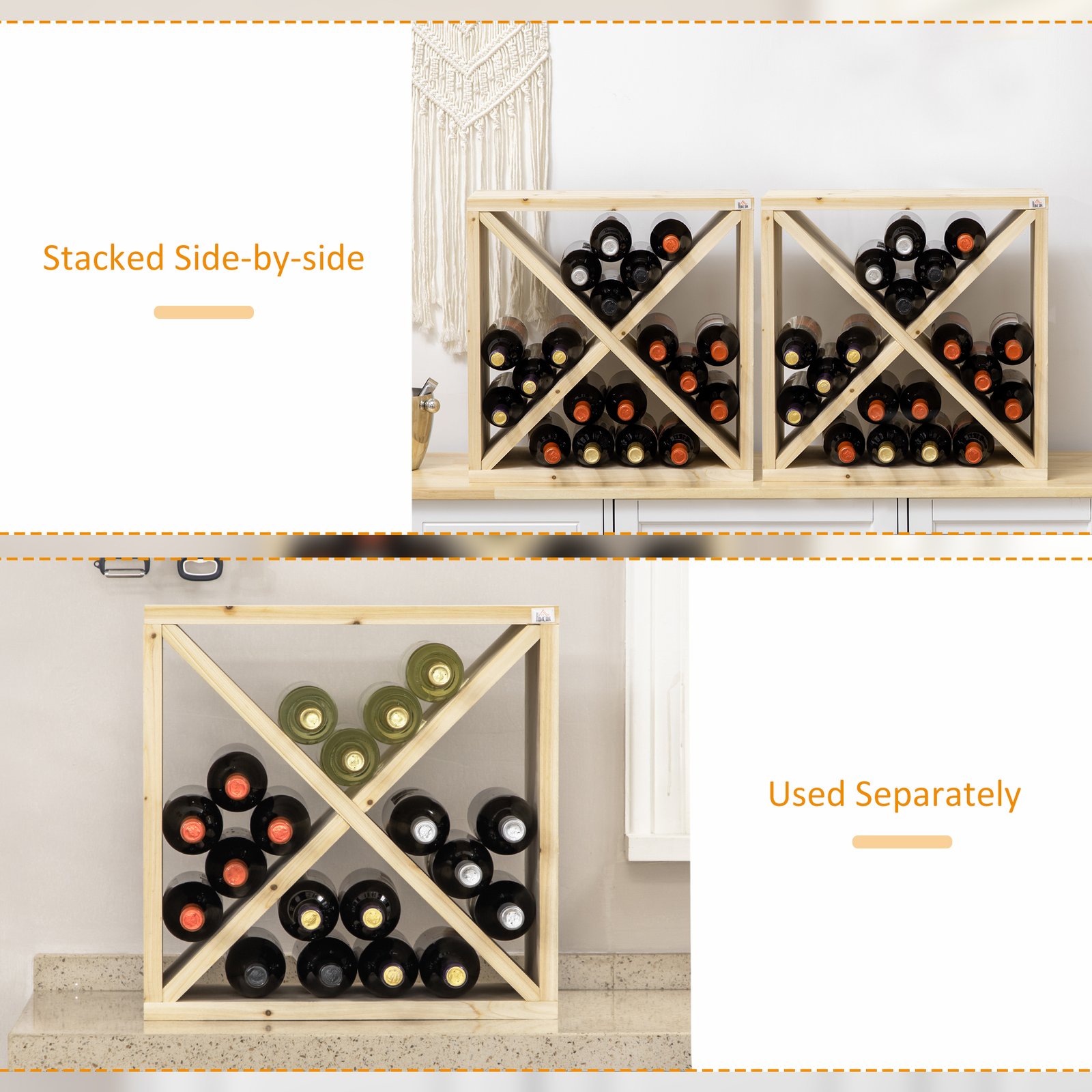 HOMCOM Set of 2 Wooden Wine Rack, X-Shaped Square Tabletop Storage Holder for 24 Bottle, Natural Wood - Image 5