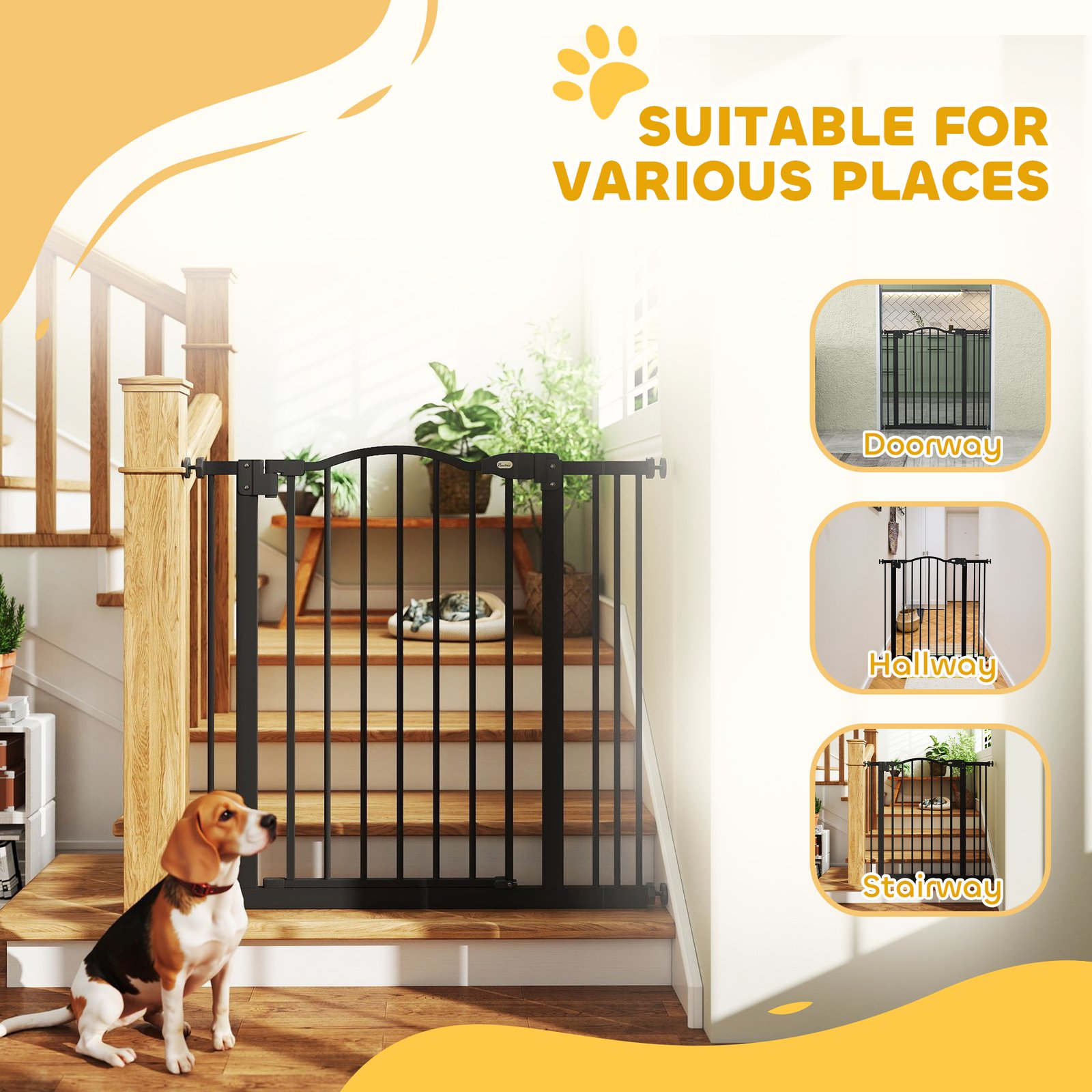 PawHut Metal 74-87cm Adjustable Pet Gate Safety Barrier w/ Auto-Close Door Black - Image 8