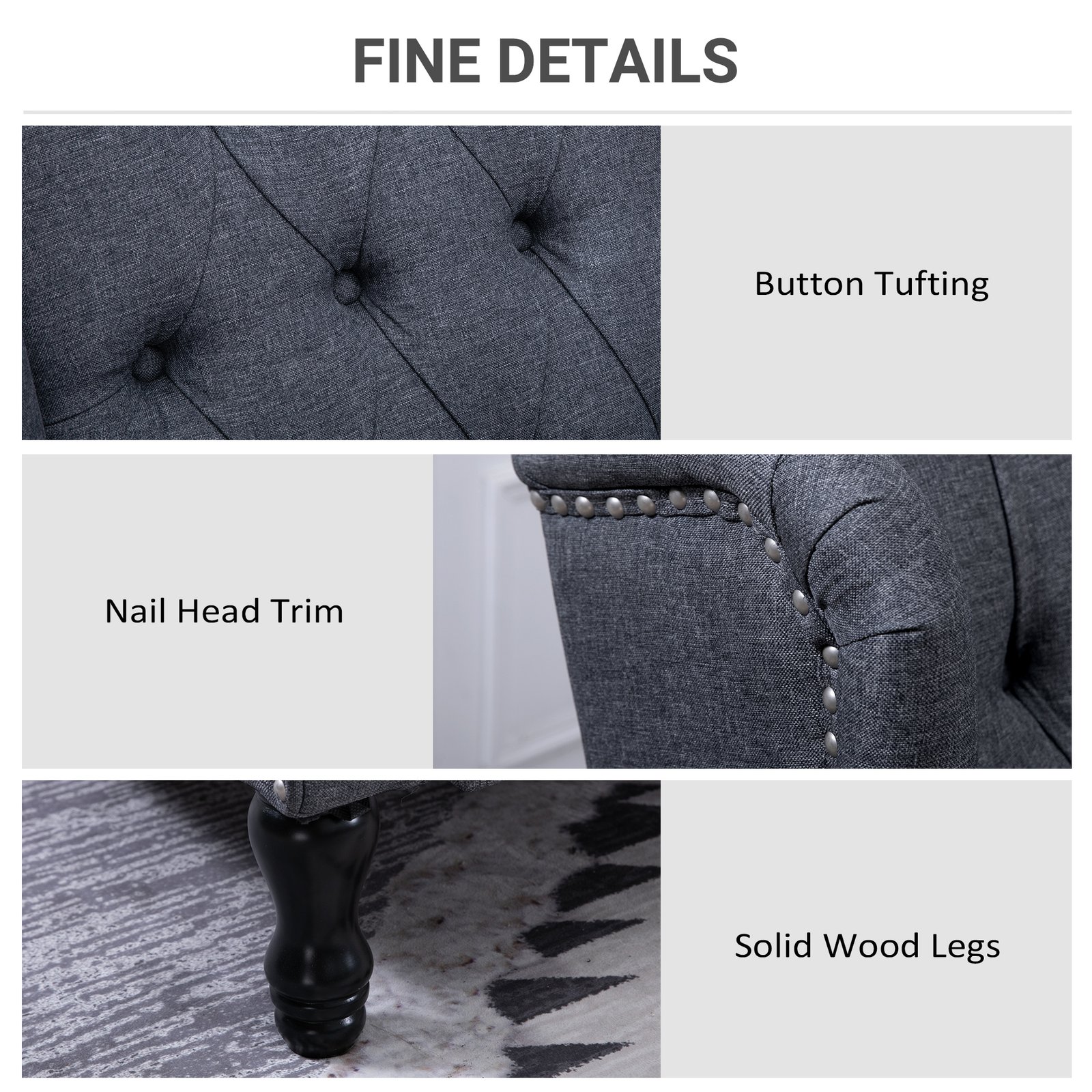 HOMCOM Recliner Armchair, Vintage Reclining Chair with Nail Head Trim, Wingback Chair with Button Tufted Back and Footrest, for Living Room, Dark Grey - Image 6