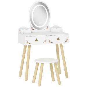 AIYAPLAY Kids Vanity Table and Chair Set with 3-Colour LED Lights Mirror, Drawer, Storage Boxes, for 3+ Years, White