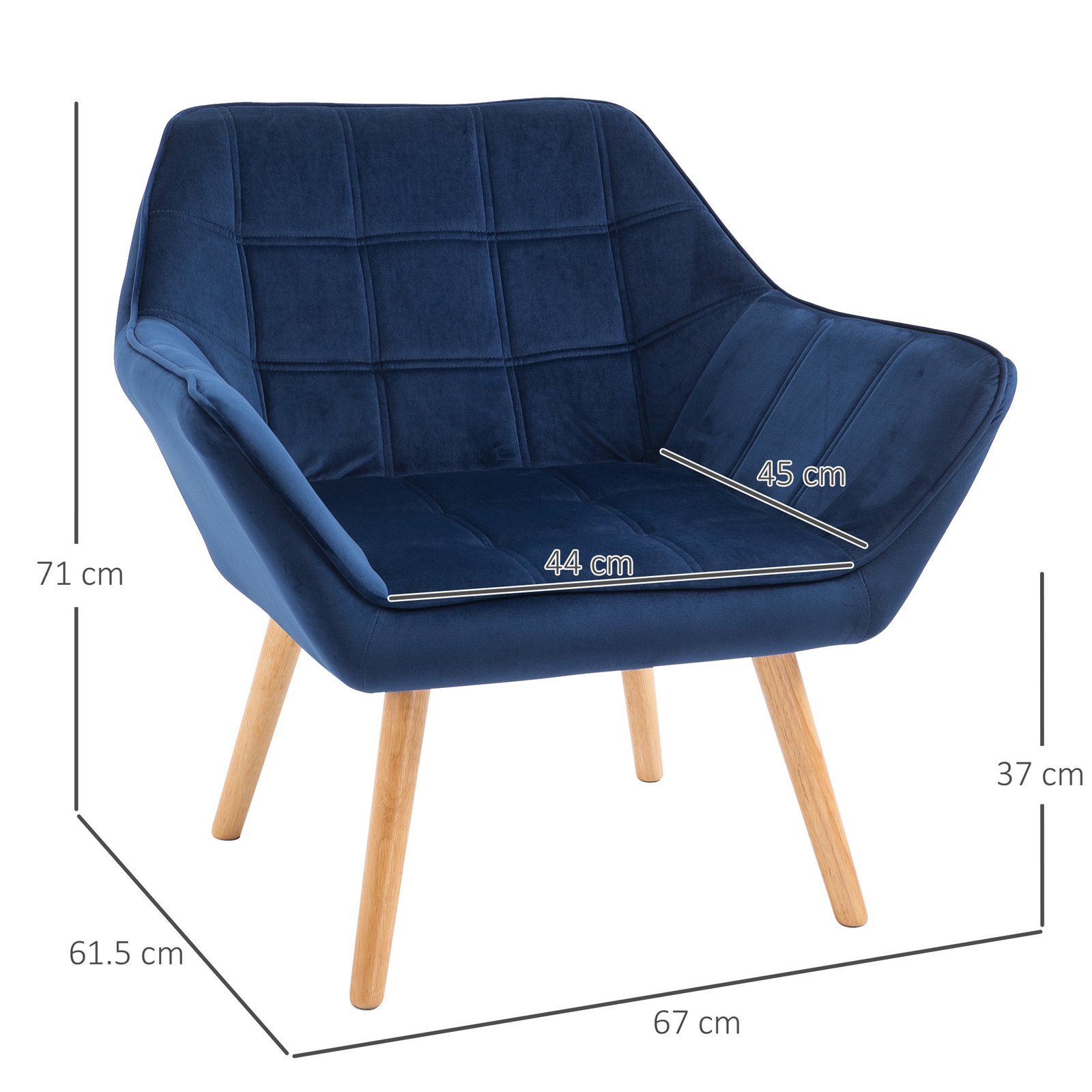 HOMCOM Armchair Accent Chair Wide Arms Slanted Back Padding Steel Frame Wooden Legs Home Bedroom Furniture Seating Blue - Image 3