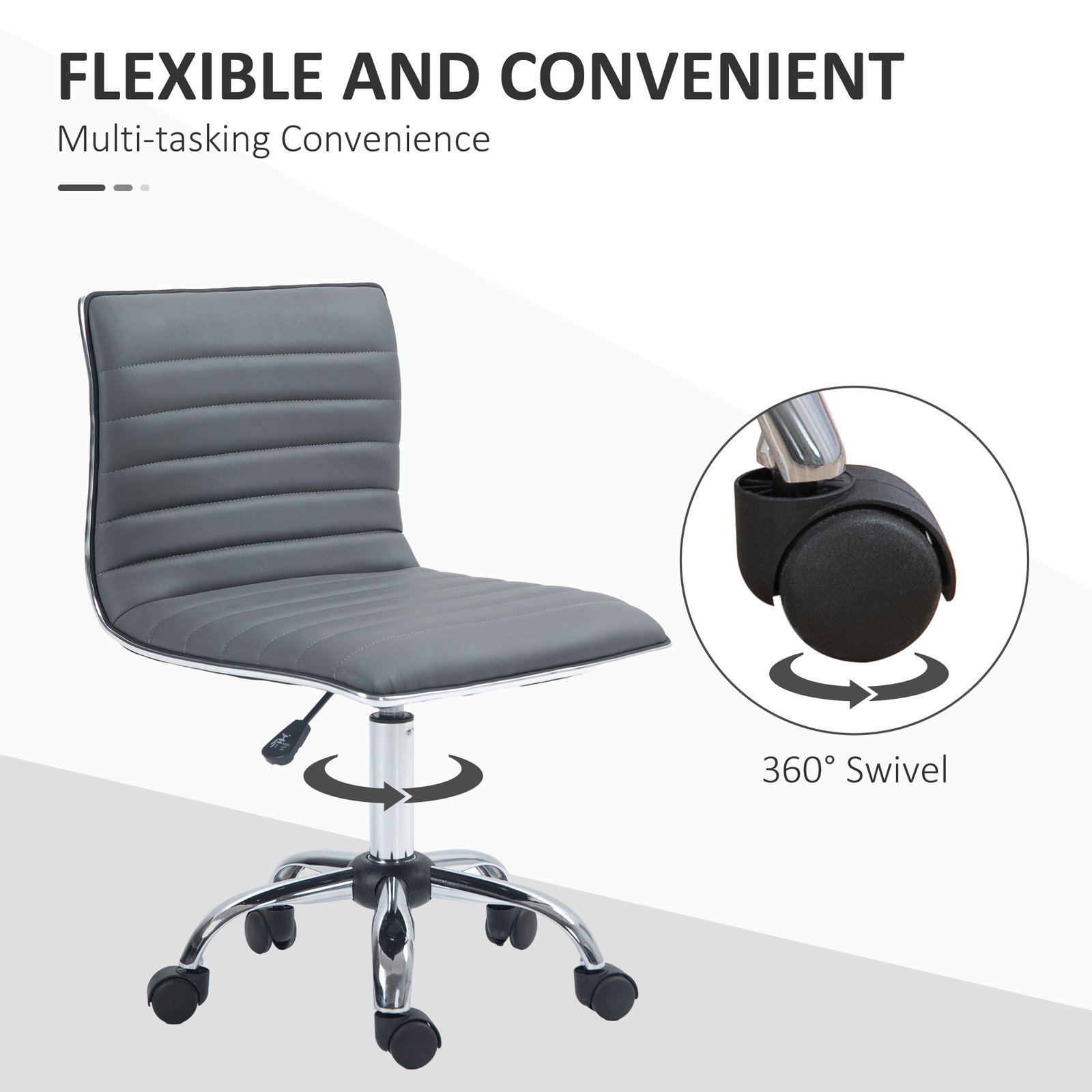 HOMCOM Armless Task Desk Chair, Swivel Office Chair with Faux Leather, Adjustable Seat Height, Chrome Base, Wheels for Home, Dark Grey - Image 6