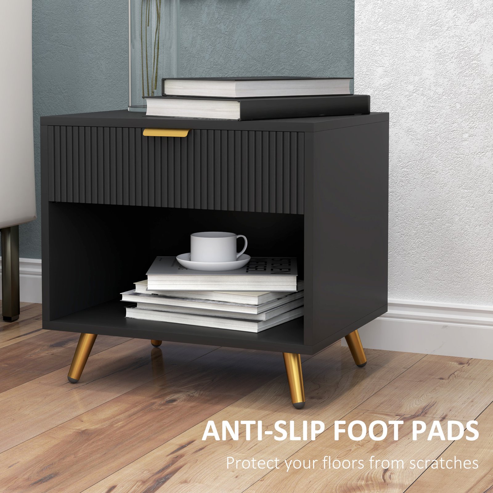 HOMCOM Elegant Bedside Table, with Drawer and Shelf - Black/Gold Tone - Image 7