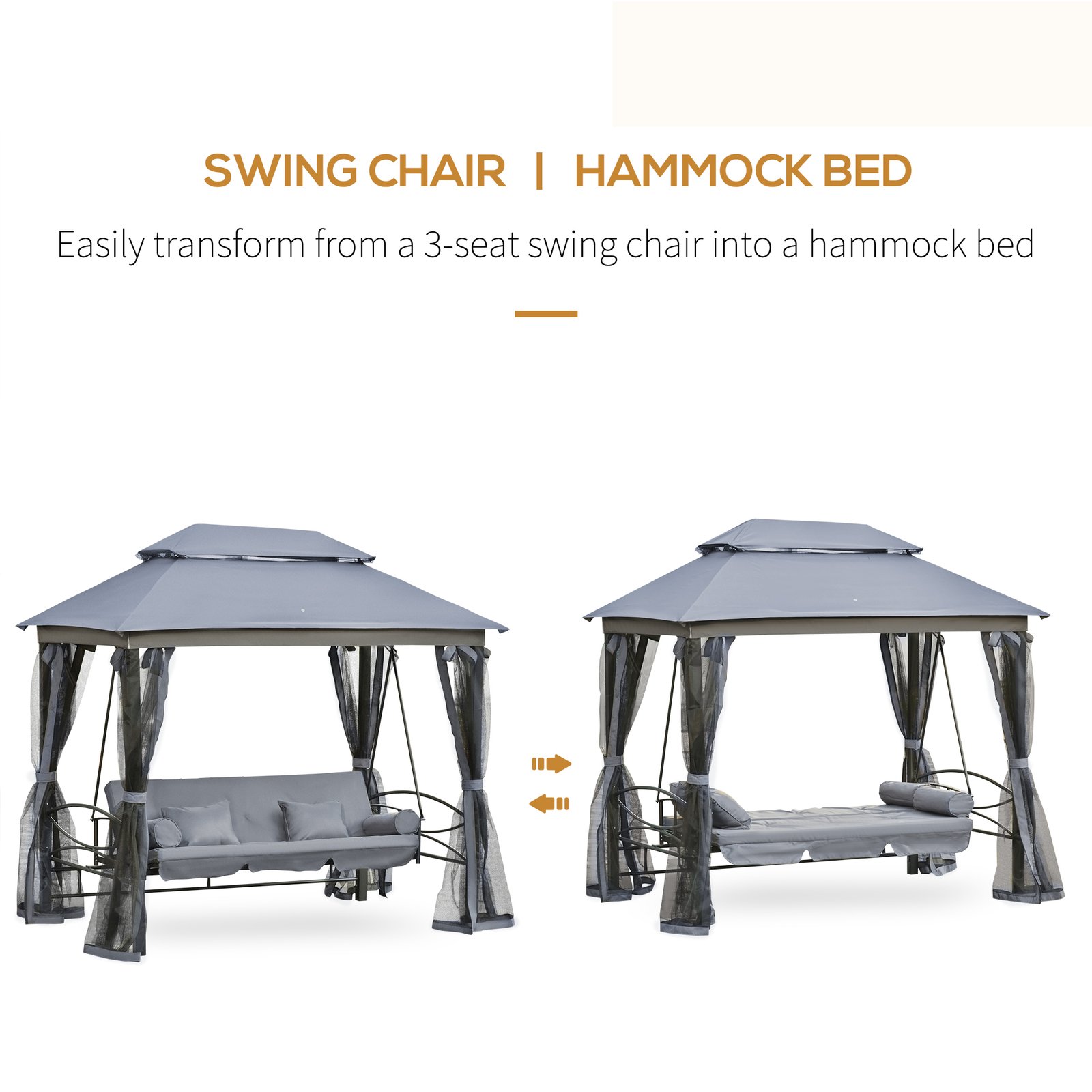 Outsunny 3 Seater Swing Chair 3-in-1 Convertible Garden Swing Seat Bed Gazebo Patio Bench Outdoor with Double Tier Canopy, Cushioned Seat, Mesh Sidewalls, Grey - Image 5