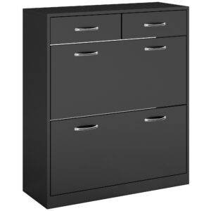 HOMCOM Narrow Shoe Storage with 2 Flip Drawers and Adjustable Shelves Shoe Cabinet Organizer for 12 Pairs of Shoes, Black