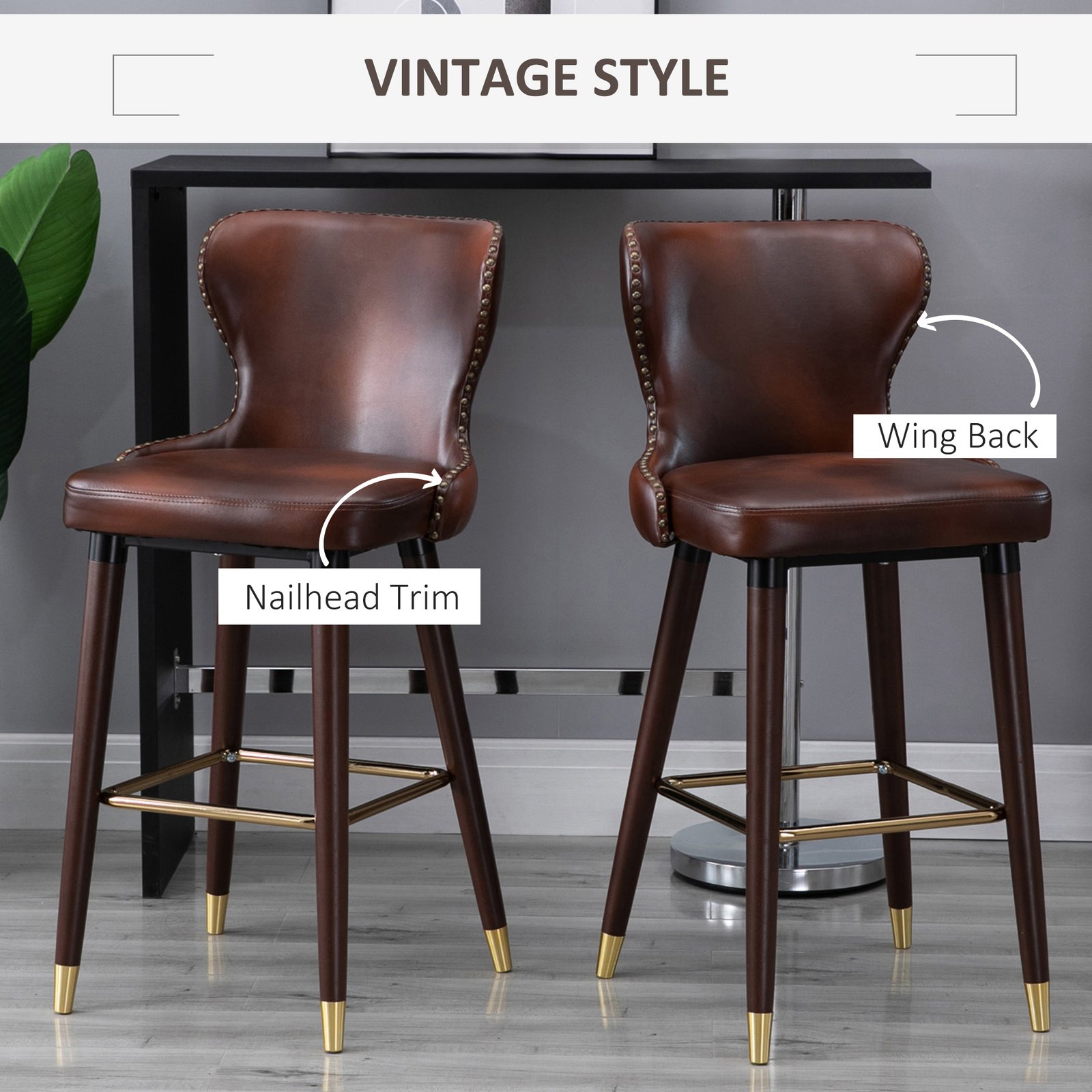 HOMCOM Bar Stools Set of 2, PU Leather Barstools with Back, Footrest and Wood Legs for Kitchen, Counter, Breakfast Bar, Brown - Image 4