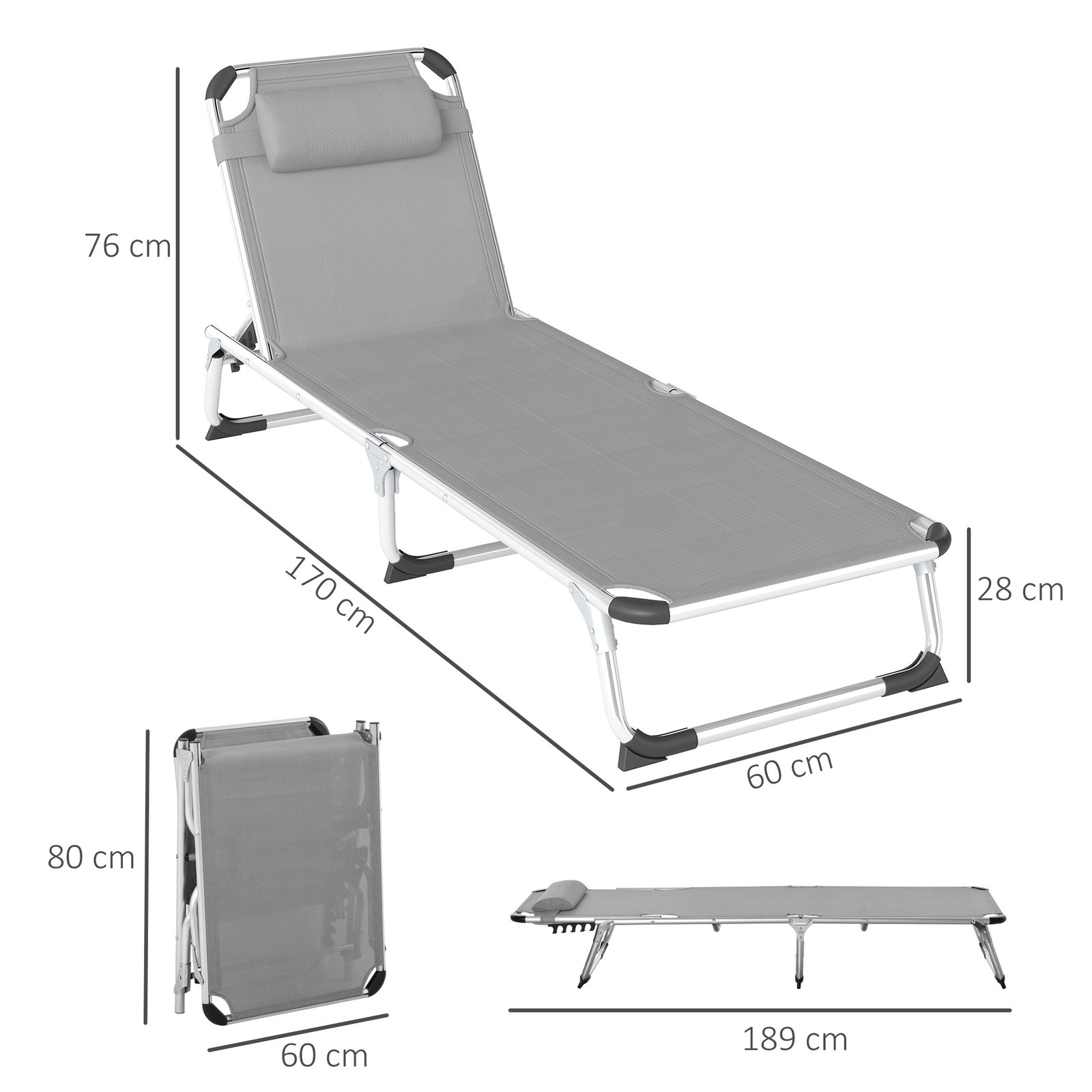 Outsunny Foldable Outdoor Sun Lounger Set of 2, Reclining Lounge Chair Camping Bed Cot with Pillow 4-Level Adjustable Back Aluminium Frame, Light Grey - Image 3