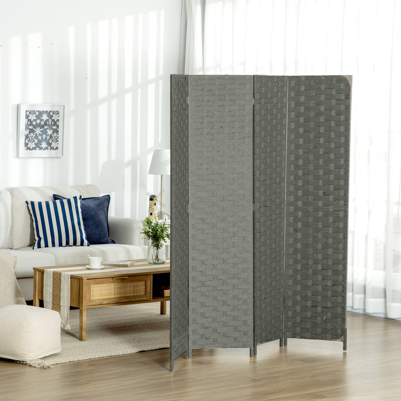HOMCOM 4-Panel Room Dividers, Wave Fibre Freestanding Folding Privacy Screen Panels, Partition Wall Divider for Indoor Bedroom Office, 170 cm, Grey - Image 2