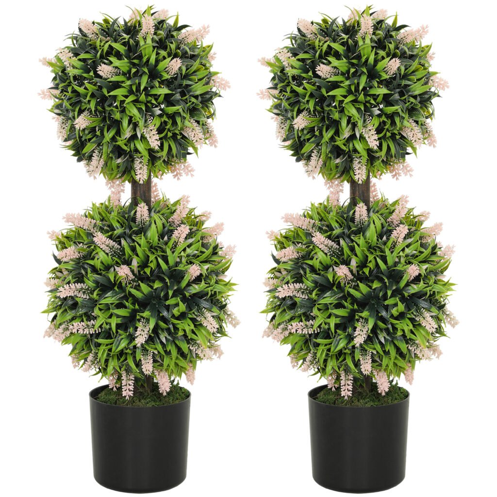 HOMCOM Set of 2 Artificial Plants, Lavender Flowers Ball Trees with Pot, for Home Indoor Outdoor Decor, 70cm