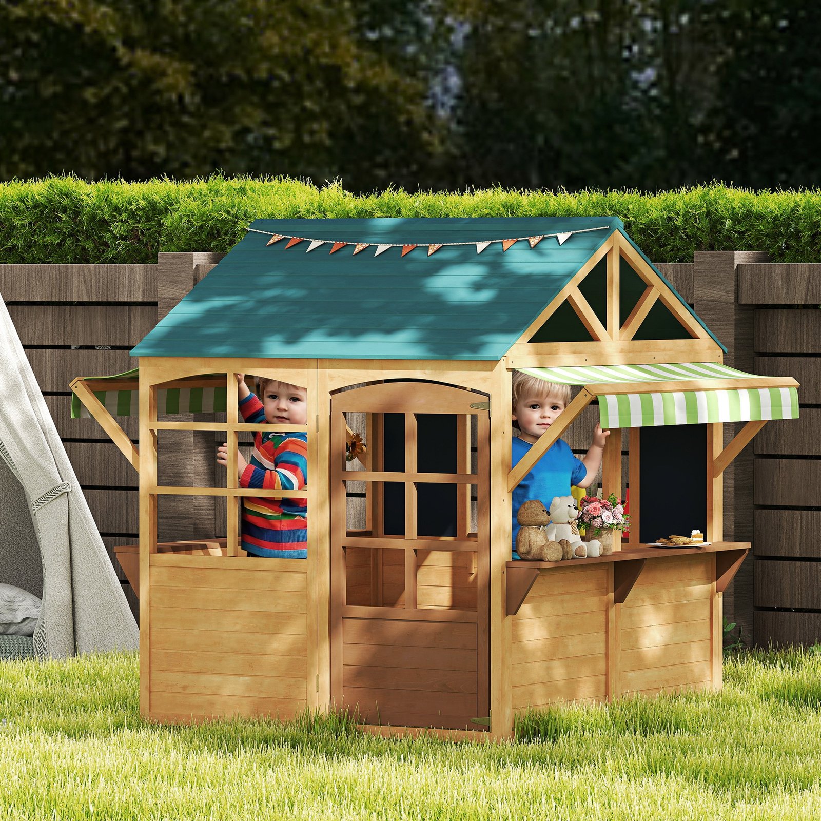 AIYAPLAY Wooden Playhouse for Kids, Foldable Wendy House with Windows, Working Door, Service Stations, Rain Covers, Brown - Image 2