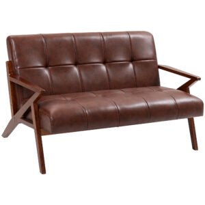 HOMCOM Compact 2 Seater Sofa, Vintage Tufted Loveseat Sofa with Solid Wood Legs, PU Leather Small Couch Settee for Living Room, Bedroom, Home Office, 133 x 81 x 78.5 cm, Brown