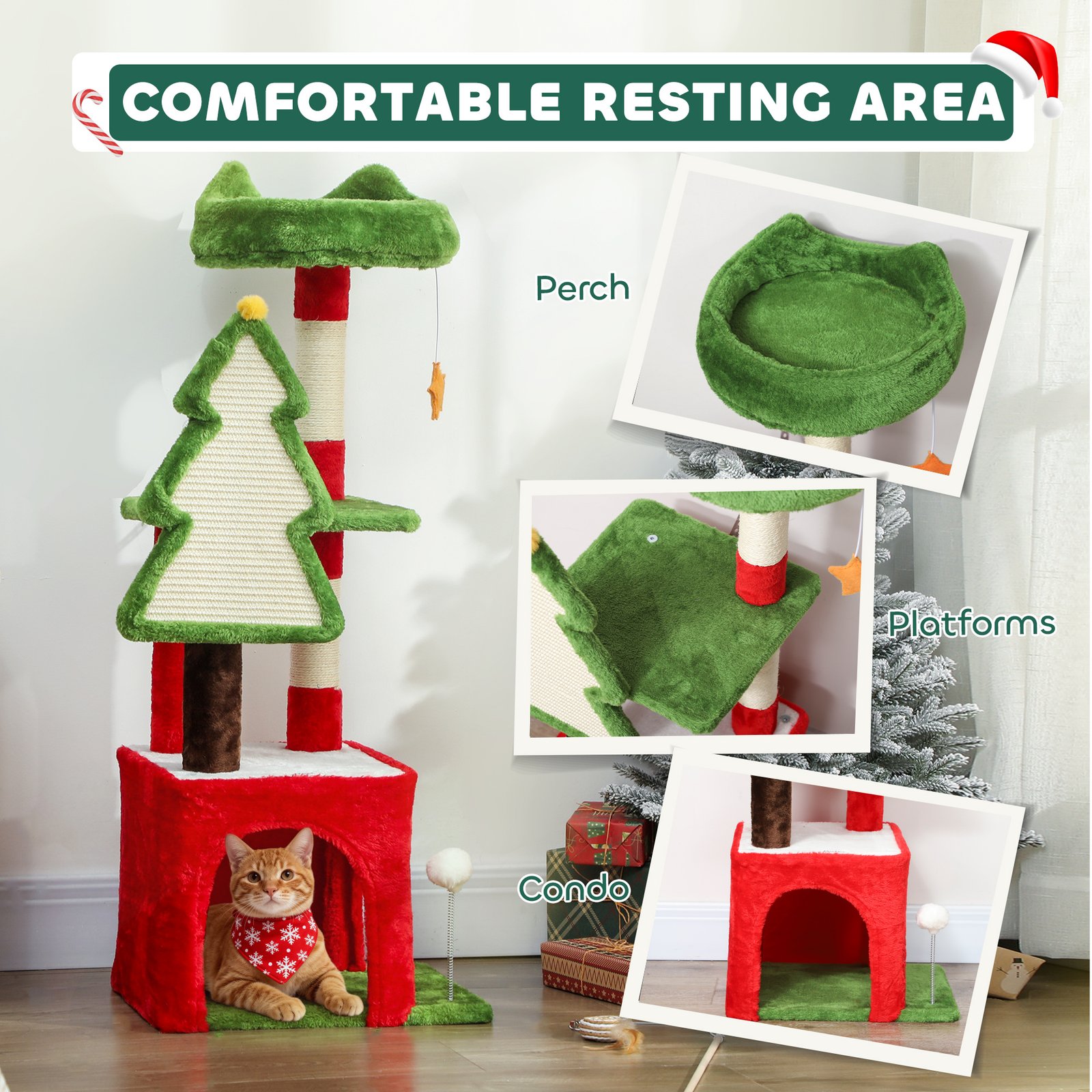 PawHut Christmas Cat Tree, 120cm Cat Tower with Scratching Post & Board, Platform, Toys, Green - Image 6