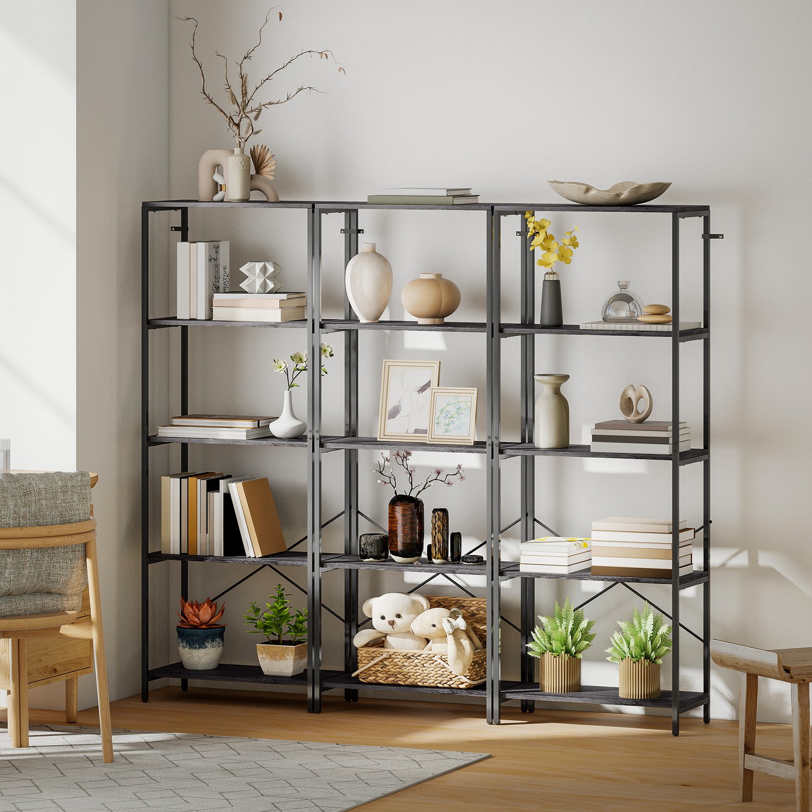 HOMCOM 5-Tier Bookshelf, Industrial Bookcase with Metal Frame - Dark Grey and Black - Image 9