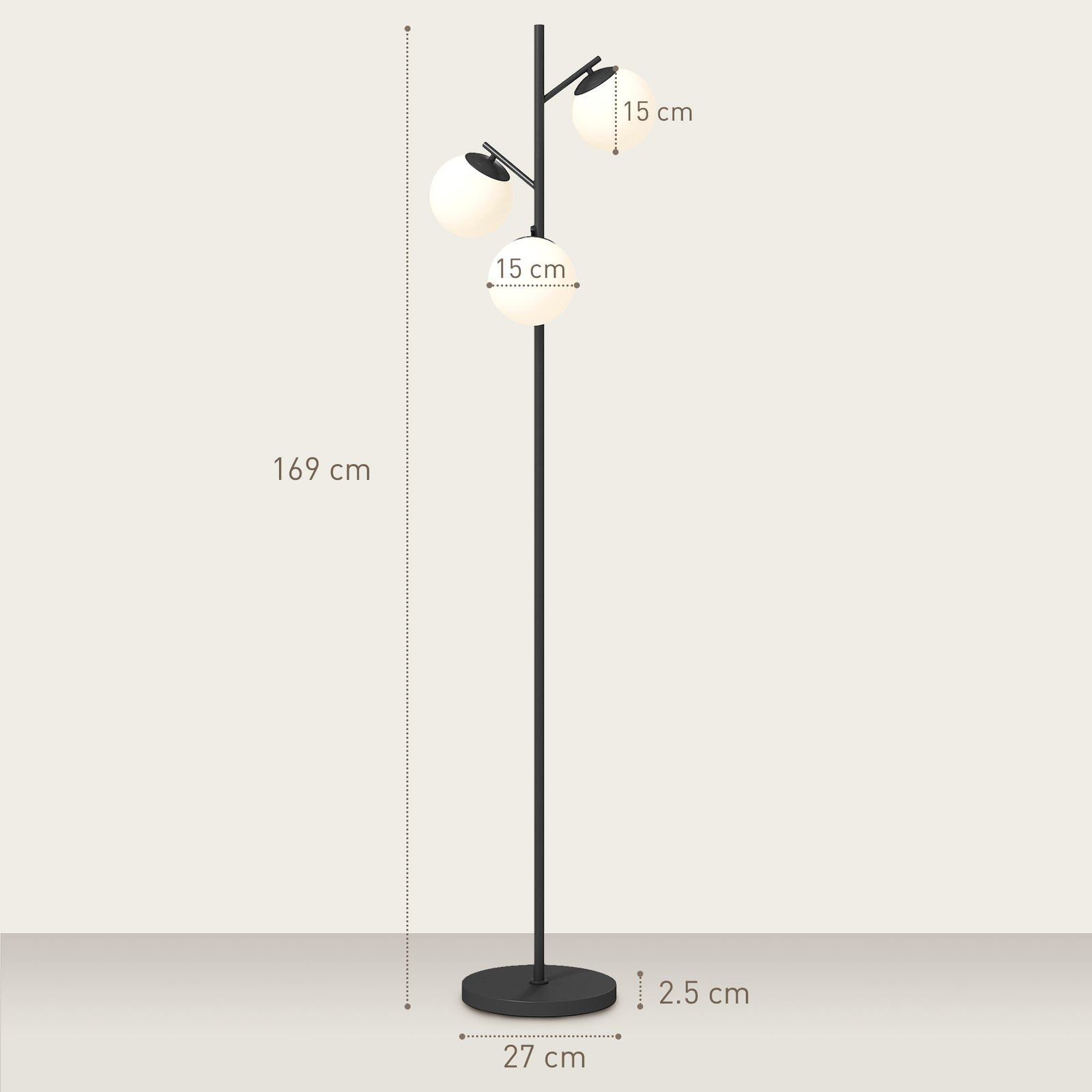 HOMCOM 3-Light Tree Floor Lamps for Living Room, Modern Standing Lamp for Bedroom with Globe Lampshade, Steel Base, Bulb not Included, Black - Image 3
