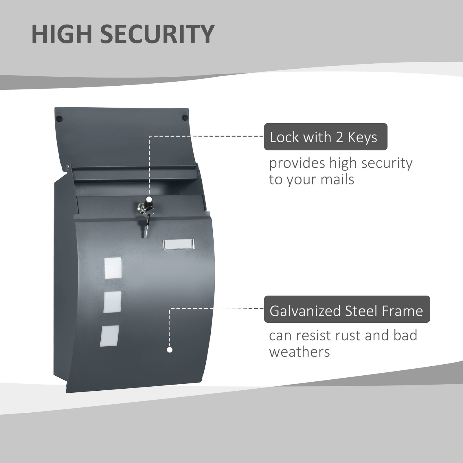 HOMCOM Wall Mounted Letter Box, Weatherproof Post Box for Outside Wall, Modern Mailbox with 2 Keys and Nameplate, Anthracite Grey - Image 4