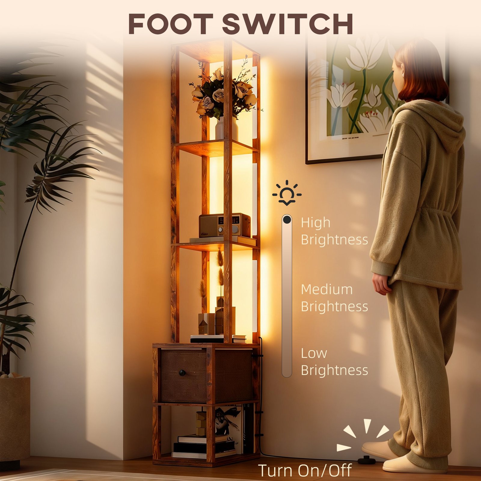 HOMCOM Floor Lamp with Shelves, LED Column Modern Standing Lamp with Fabric Drawer, Adjustable Brightness, Foot Switch for Living Room, Bedroom, Office, Rustic Brown - Image 6