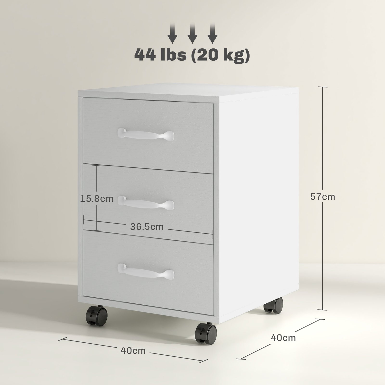 HOMCOM 3 Drawer File Cabinet, Mobile Filing Cabinet on Wheels for Home Office, Study, White - Image 3