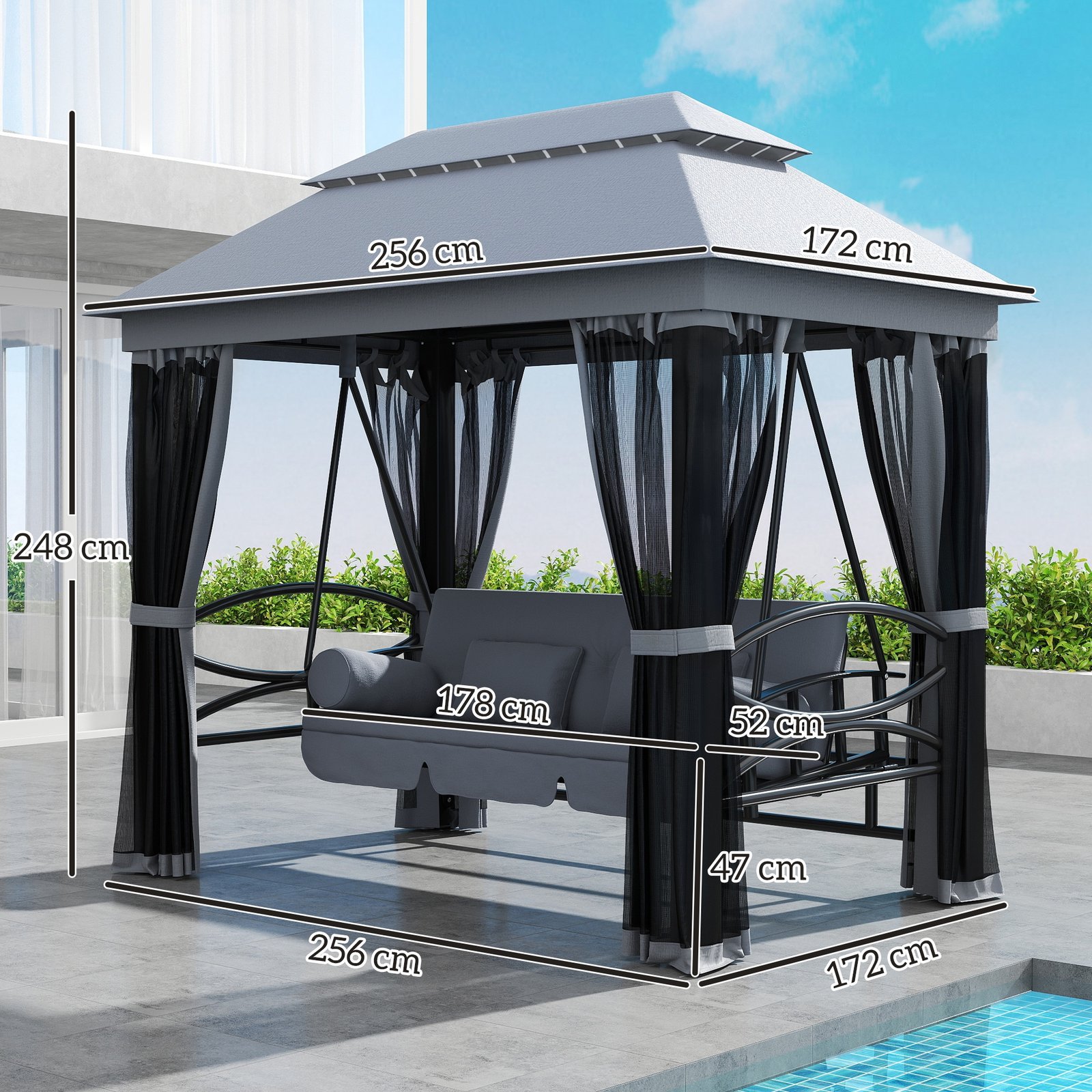 Outsunny 3 Seater Swing Chair 3-in-1 Convertible Garden Swing Seat Bed Gazebo Patio Bench Outdoor with Double Tier Canopy, Cushioned Seat, Mesh Sidewalls, Grey - Image 4