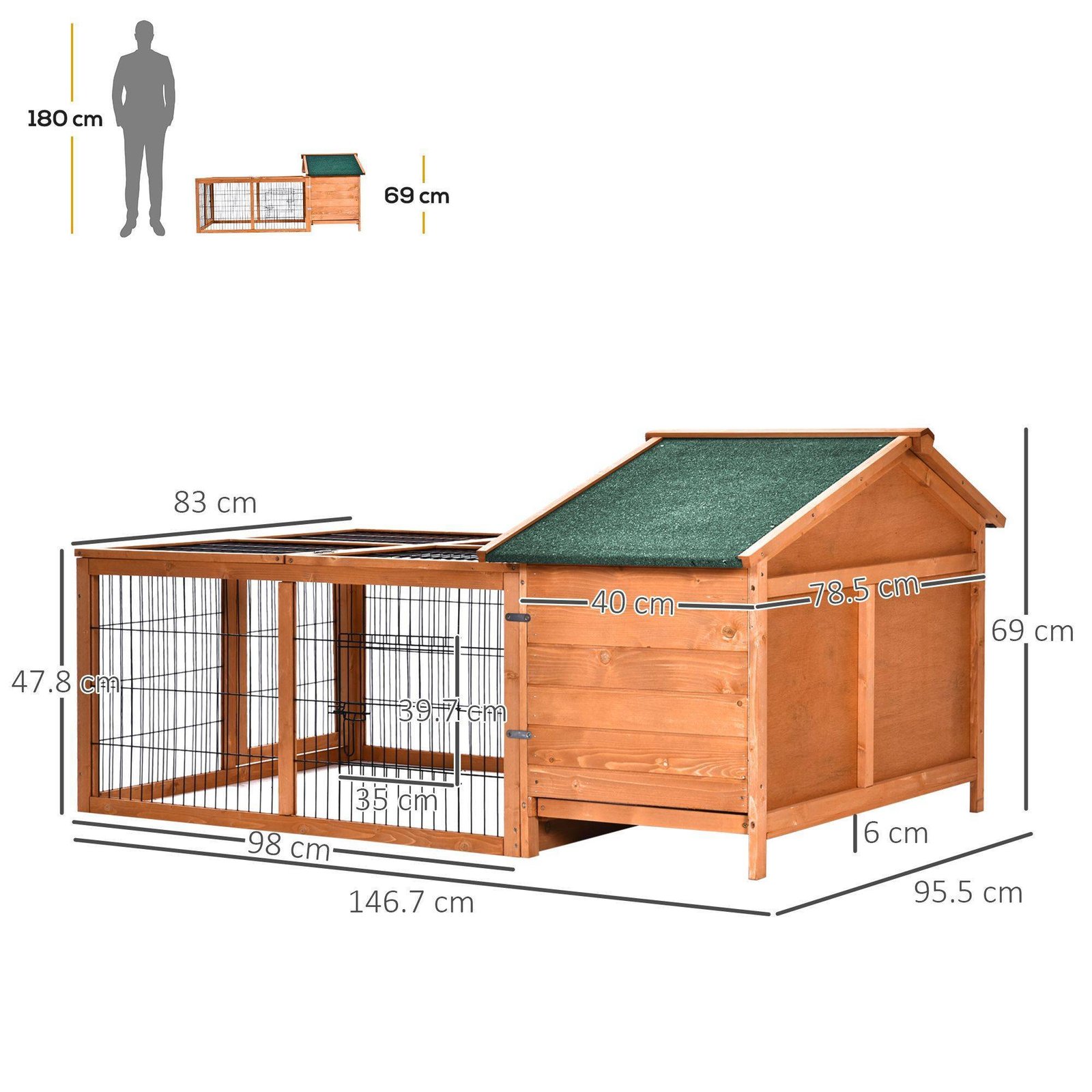 PawHut Wooden Rabbit Hutch Outdoor, Guinea Pig Hutch, Detachable Pet House Animal Cage with Openable Run & Roof Lockable Door Slide-out Tray 146 x 95 x 69cm - Image 3
