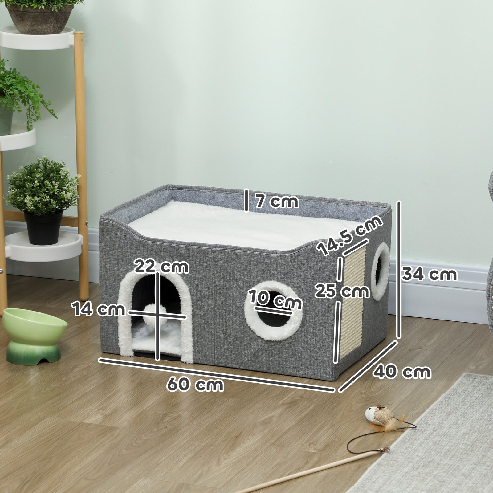 PawHut Cat Bed for Indoor Pets, Foldable Cat House with Fluffy Ball and Scratch Pad for Small and Medium Pets, Grey - Image 3