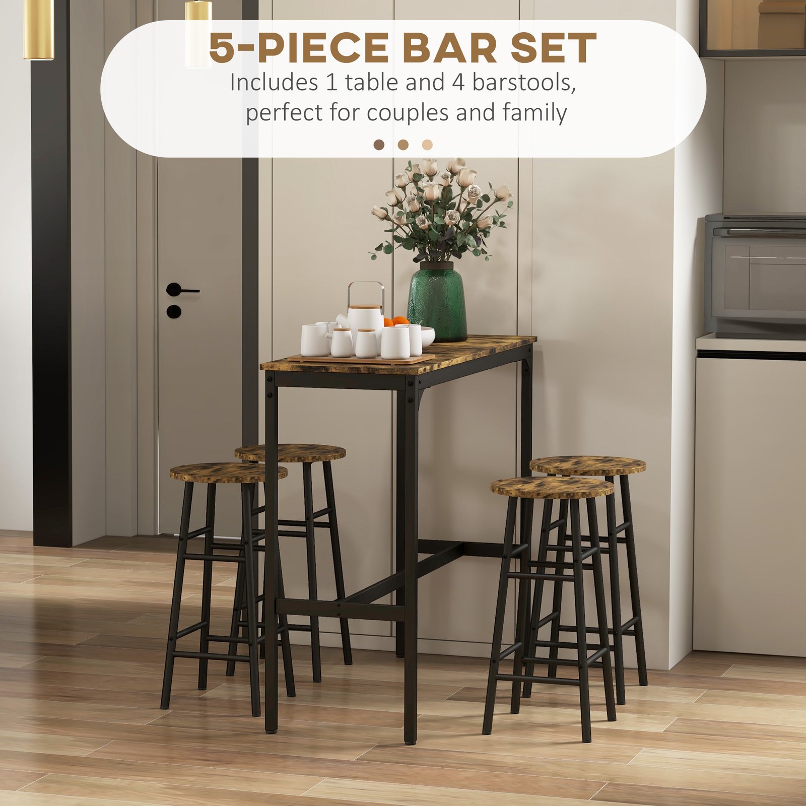 HOMCOM 5 Piece Bar Table Set with 4 Stools, Industrial Bar Table and Stool Set, Dining Table and Chair Set, Rustic Brown - Image 4