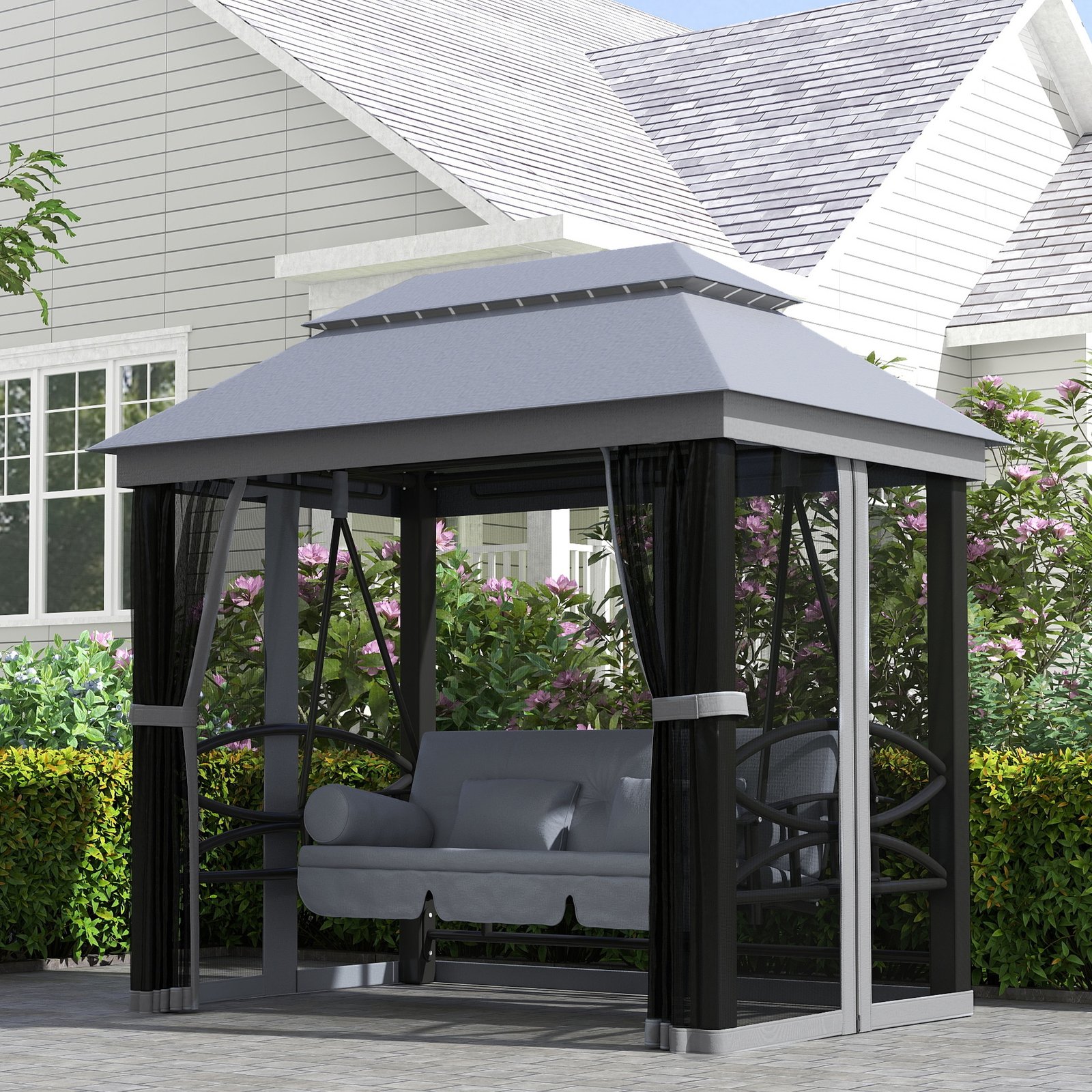 Outsunny 3 Seater Swing Chair 3-in-1 Convertible Garden Swing Seat Bed Gazebo Patio Bench Outdoor with Double Tier Canopy, Cushioned Seat, Mesh Sidewalls, Grey - Image 2