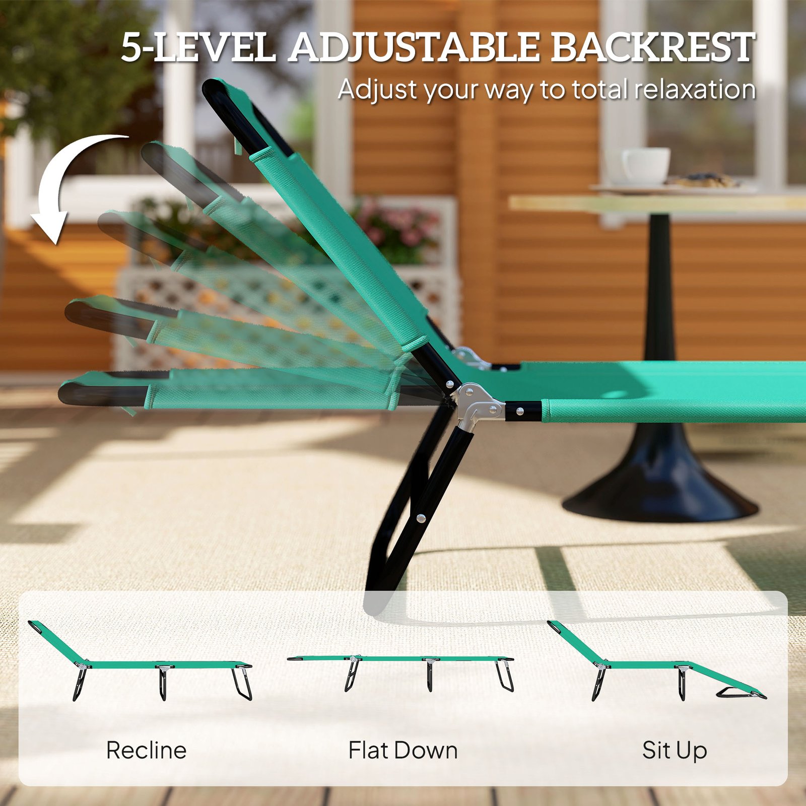 Outsunny Foldable Sun Lounger with 5-Position Adjustable Backrest, Outdoor Portable Recliner Chaise Lounge Chair, Green - Image 4