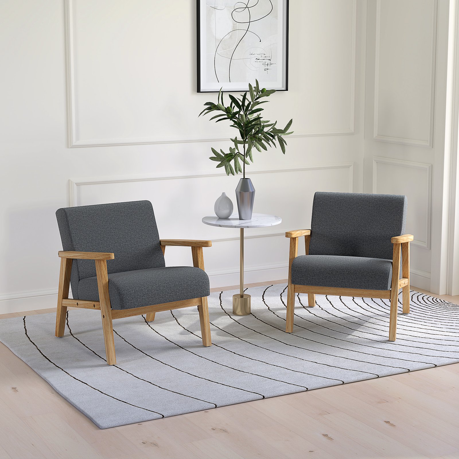 HOMCOM Set of 2 Accent Armchair, Living Room Chair, Wooden Upholstered Single Lounge Chair with Rubber Wood Legs and Padded Seat, Leisure Sofa Chair for Bedroom Office, Dark Grey - Image 2