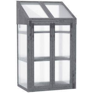 Outsunny Wooden Cold Frame Polycarbonate Greenhouse with Openable Top Cover and Double Door, Grow House for Flower, Vegetable and Plants, 70 x 50 x 120cm, Grey