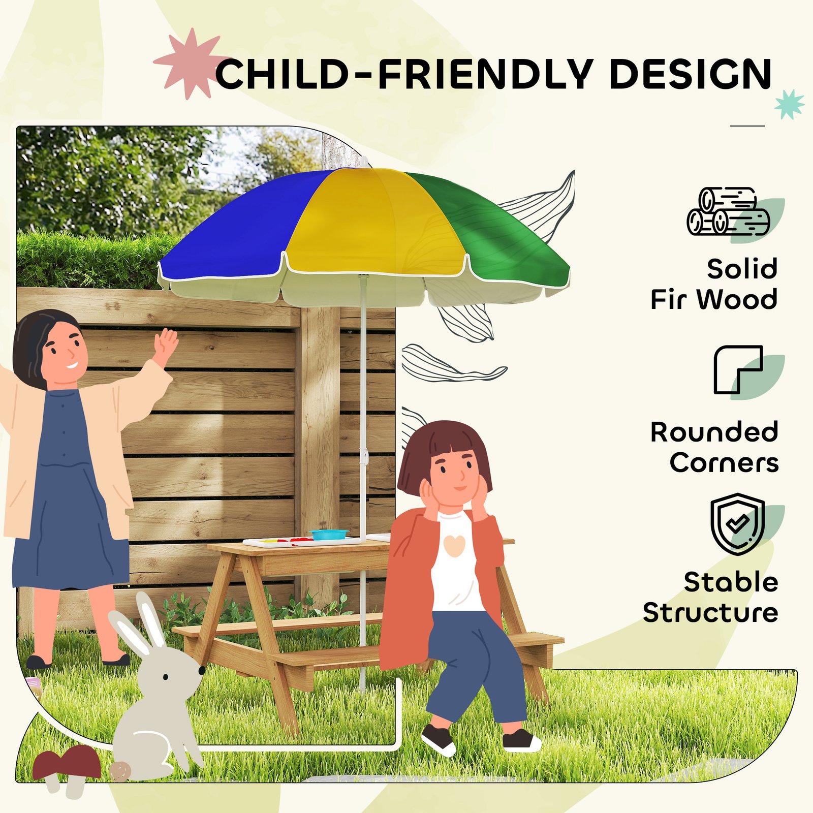 AIYAPLAY Kids Picnic Table, Sand and Water Table with Wooden Benches, Adjustable Parasol and Storage Bins, Multicolour - Image 6
