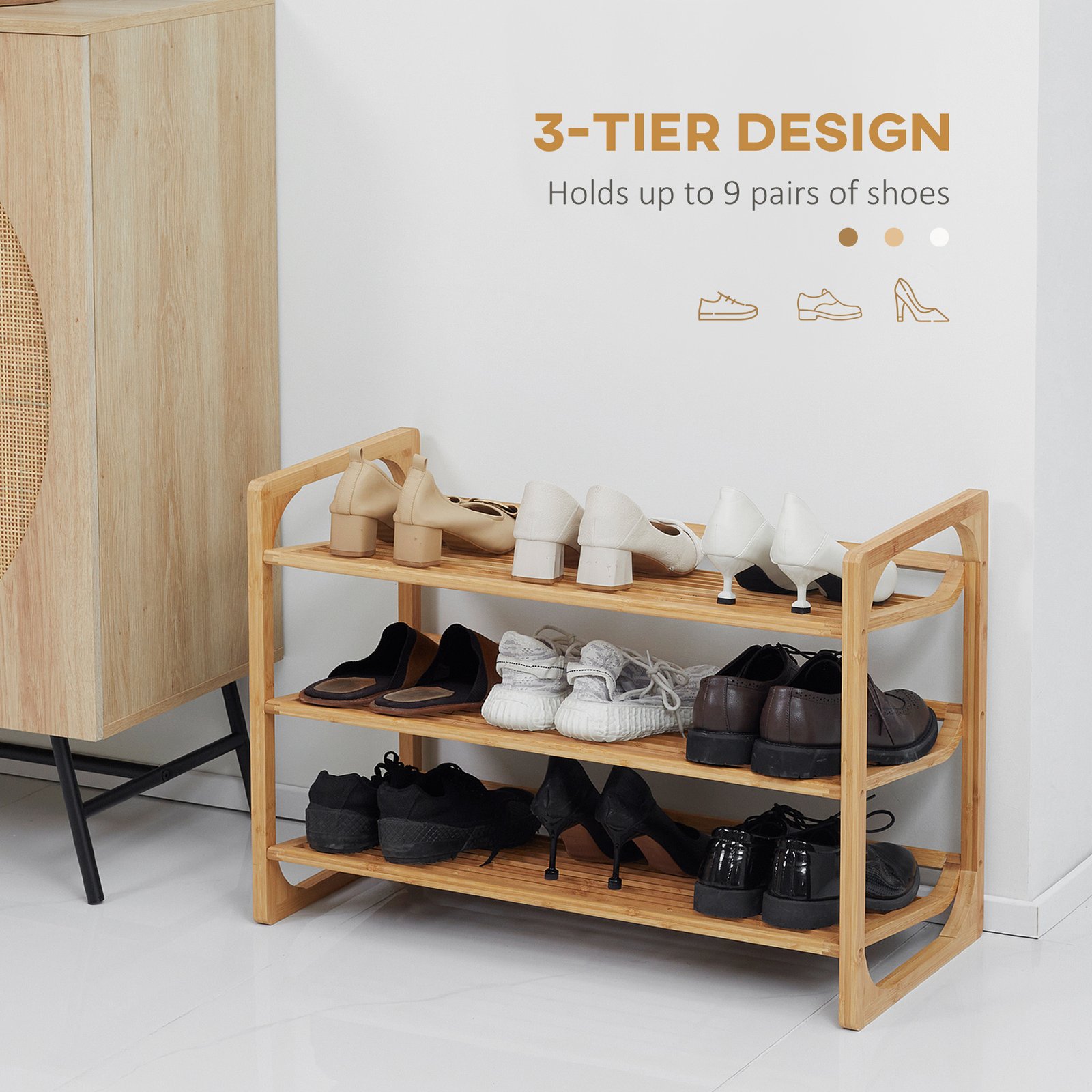 HOMCOM 3-Tier Shoe Rack, Bamboo Shoe Storage Organizer with Slatted Shelves, Free Standing Shoe Shelf Stand for 9 Pairs of Shoes for Entryway, Hallway, Natural - Image 4
