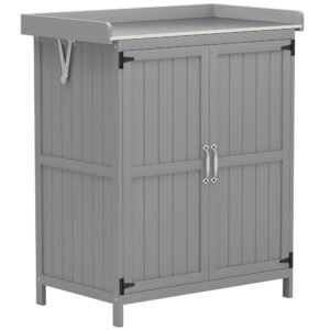 Outsunny Wooden Garden Shed, Garden Tool Storage Shed with Hinged Roof and Shelf, Outdoor Storage Cabinet with Double Doors, Grey