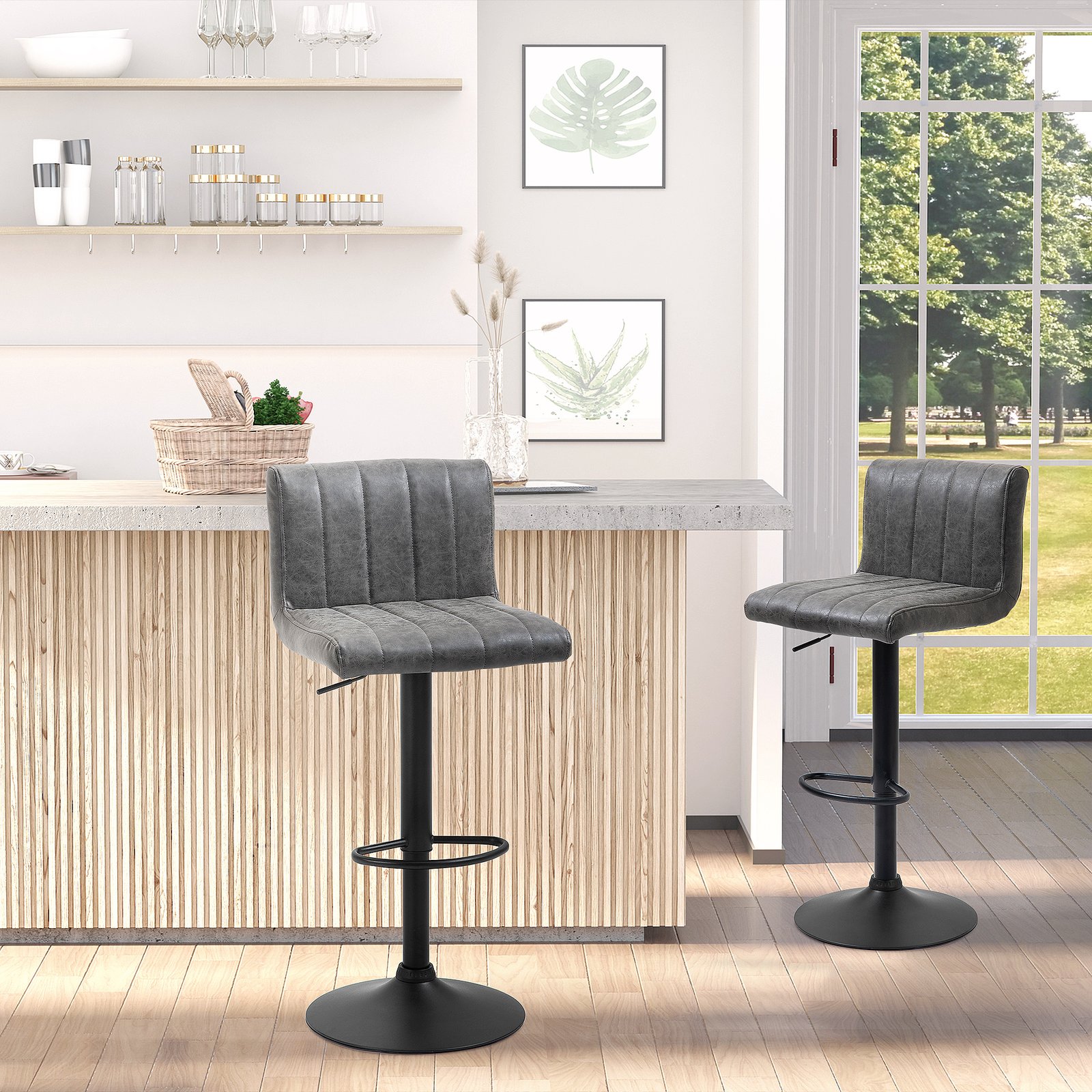 HOMCOM Adjustable Barstools Set of 2, Swivel Counter Bar Chairs, Bar Stools with Footrest, PU Leather, Gas Lift, Grey - Image 4