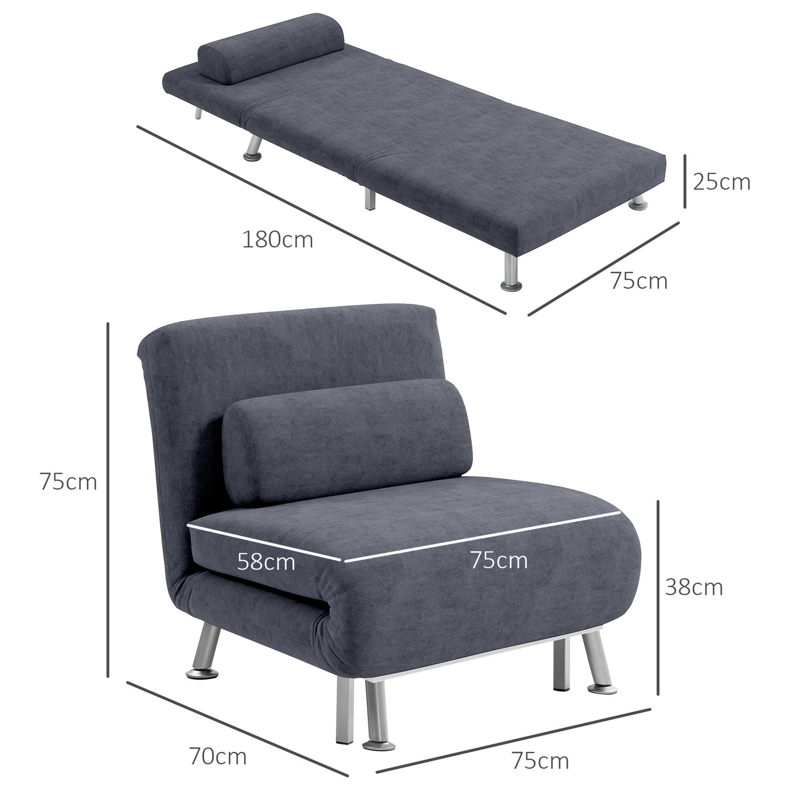 HOMCOM Single Velvet-Feel Sleeper Chair - Charcoal Grey - Image 3